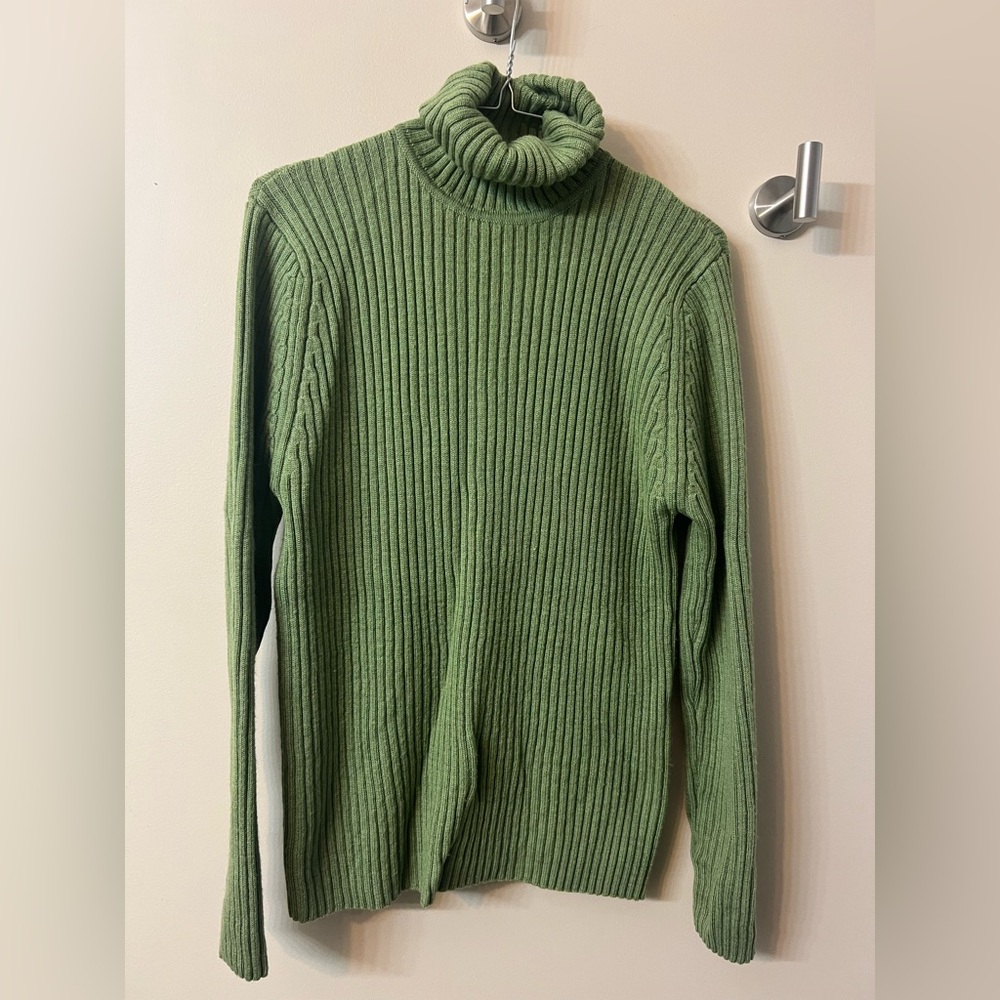 L.L. Bean Green Ribbed Turtleneck Sweater. 100% merino wool.
